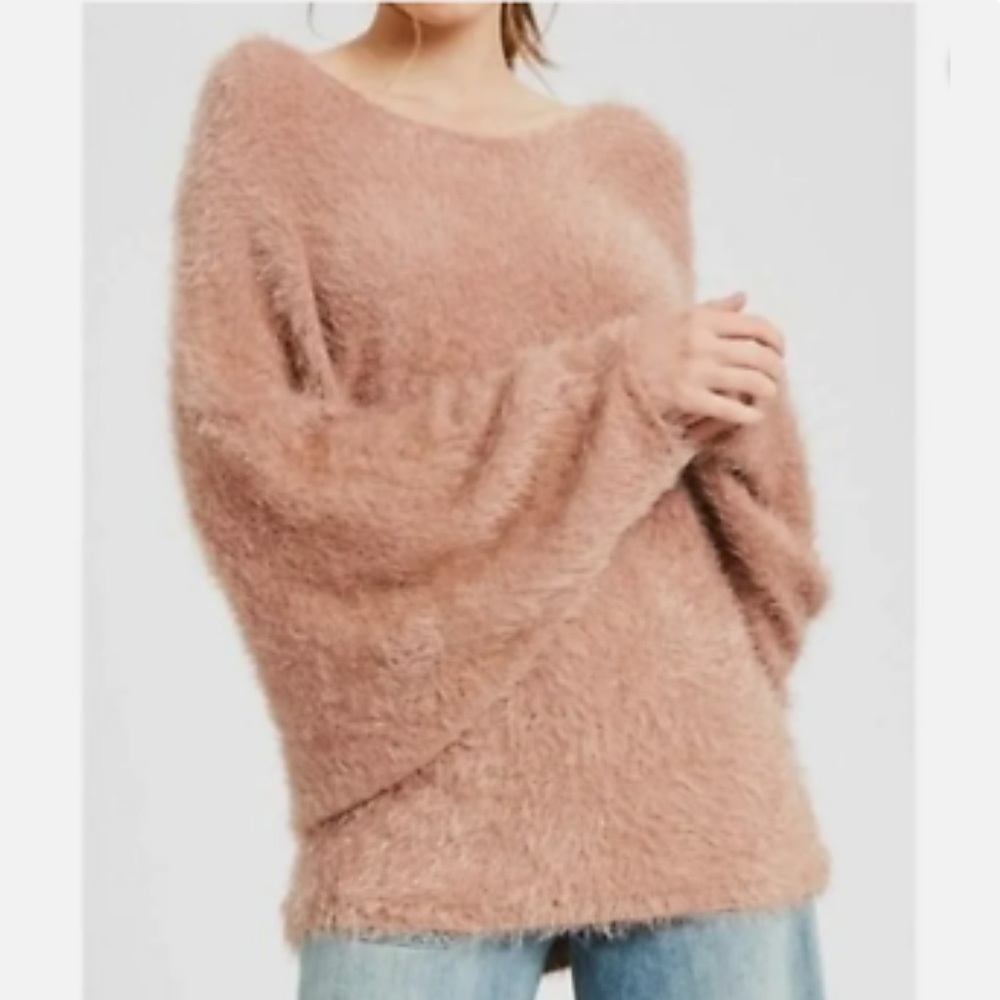 NWT WISHLIST Mauve Open V-Back with Floral Tie Soft Fuzzy Sweater Dolman Sleeves